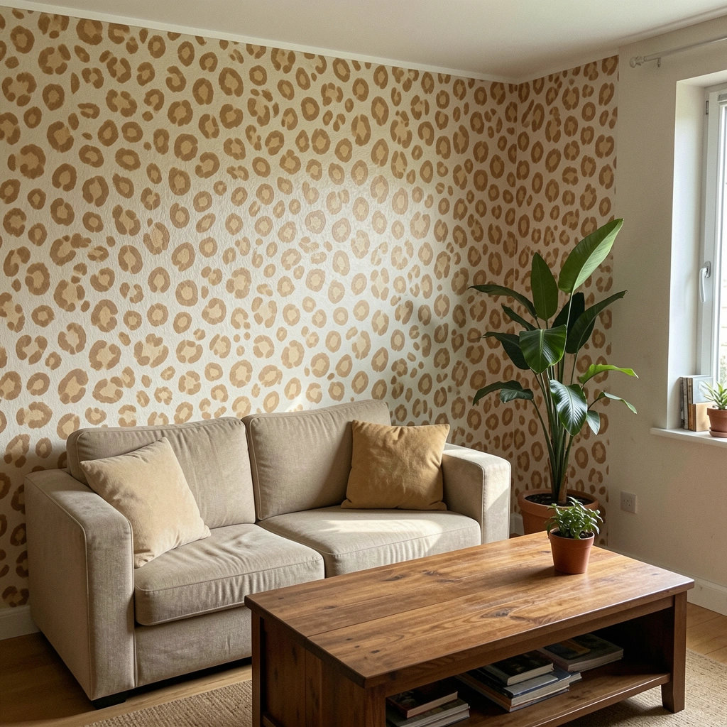 Sala de estar com parede revestida de papel de parede safari, sofá bege e mesa de centro de madeira.