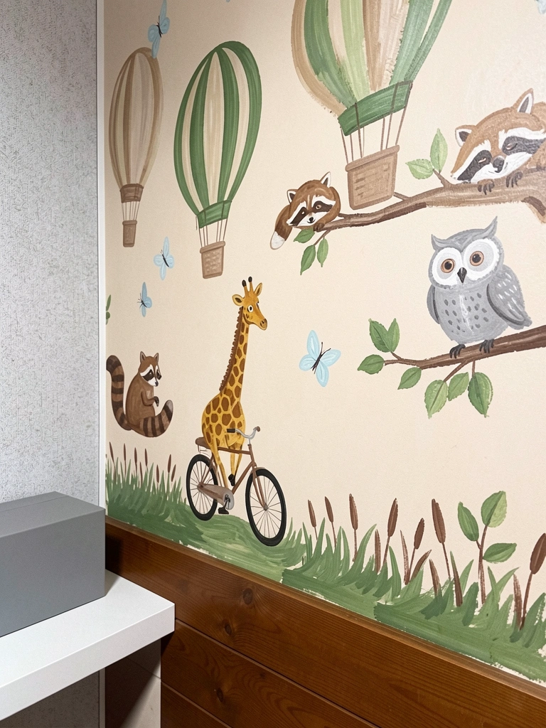 Detalhe de papel de parede com estampa de girafa em tons terrosos e verdes.