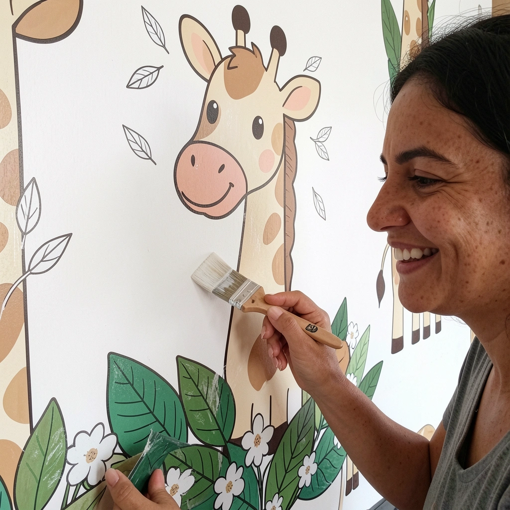 Mão aplicando cola em papel de parede com trincha sobre superfície lisa.