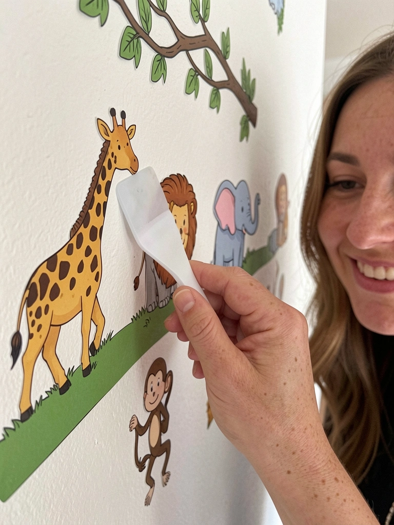 Mão segurando espátula alisando adesivo sobre papel de parede com estampa de animais na parede.