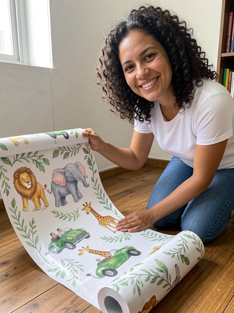Rolo de papel de parede autocolante com estampa de animais selvagens, sobre fundo neutro.