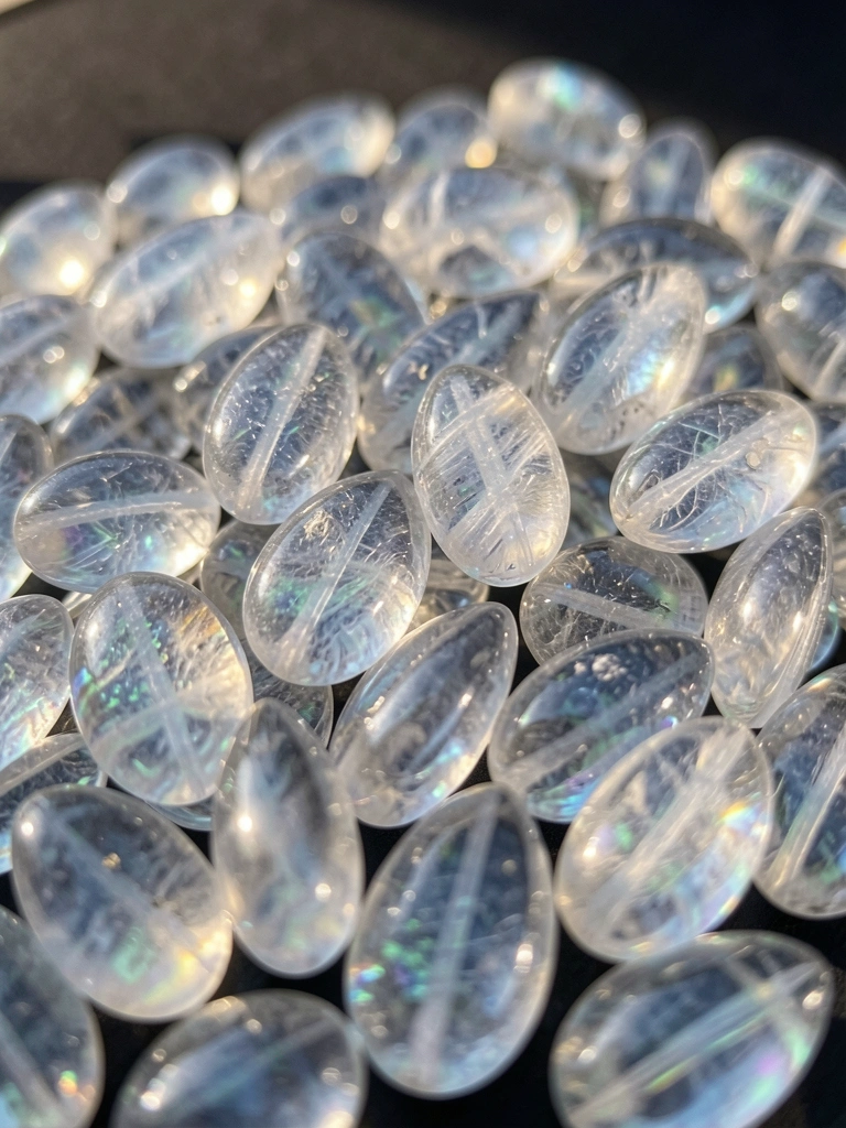 Aglomerado de moonstones iridescentes em azul e branco, formas ovais e pera, luz natural suave com sombras e fundo escuro.