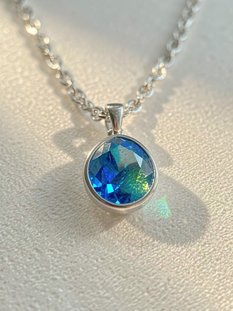 Colar de prata com pingente de gema azul iridescente, luz natural difusa destacando os reflexos, fundo branco desfocado.