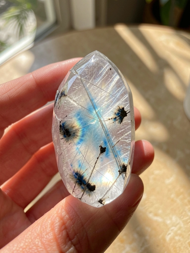 Cristal de moonstone translúcido com inclusões azuis e brancas segurado por mão humana, luz difusa criando halo, fundo bege desfocado.