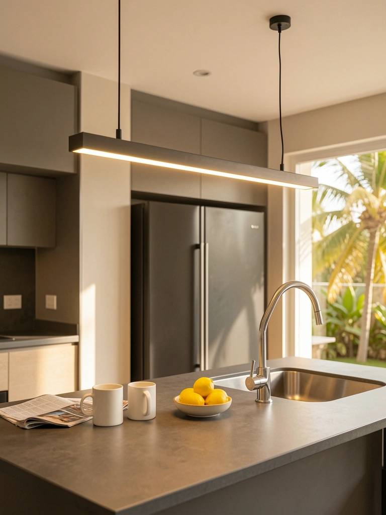 Luminária linear pendente de metal escuro sobre bancada de cozinha com pia de aço inox, caneca branca e tigela com limões amarelos, luz quente e jornal ao fundo.
