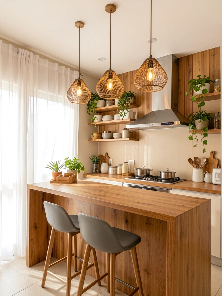Pendentes de arame rústico sobre bancada de madeira com banco cinza, coifa de aço e armários com plantas, luz natural filtrada por cortina branca.