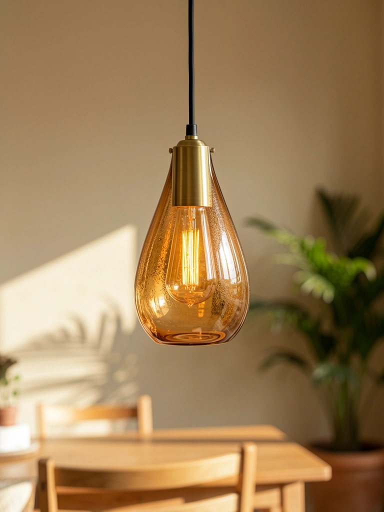 Lustre de teto dourado com globo de vidro em lágrima e lâmpada filamento âmbar, parede bege e mesa de madeira ao fundo.