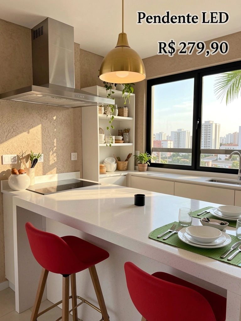 Ilha de quartzo branco com pendente LED dourado, bancos vermelhos e janela preta com vista urbana, luz natural.