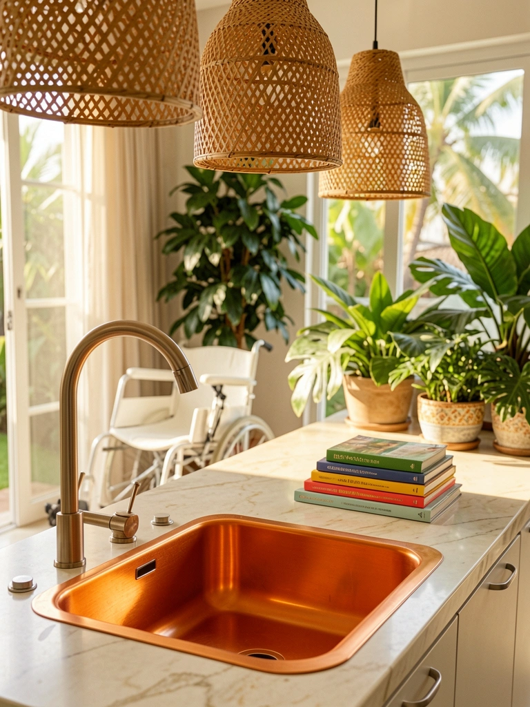 Pia de aço inoxidável laranja escovado em bancada de mármore, luminárias de bambu pendentes e planta tropical em vaso decorativo.