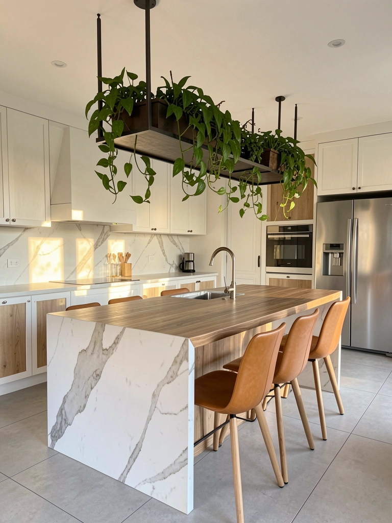 Plantas pendentes em estrutura metálica escura sobre bancada de mármore branco com banquetas de couro marrom, luz natural e armários de madeira ao fundo.