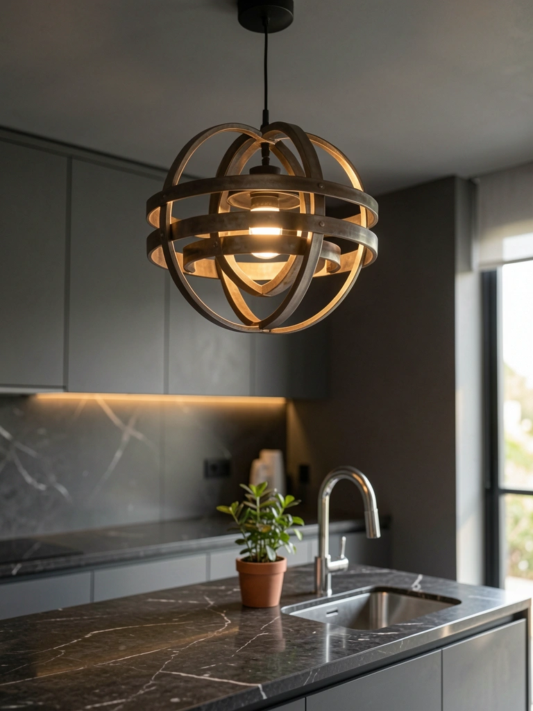 Luminária pendente industrial de anéis concêntricos sobre bancada de mármore escuro com pia de aço inox, vaso de planta e armários cinza escuro.