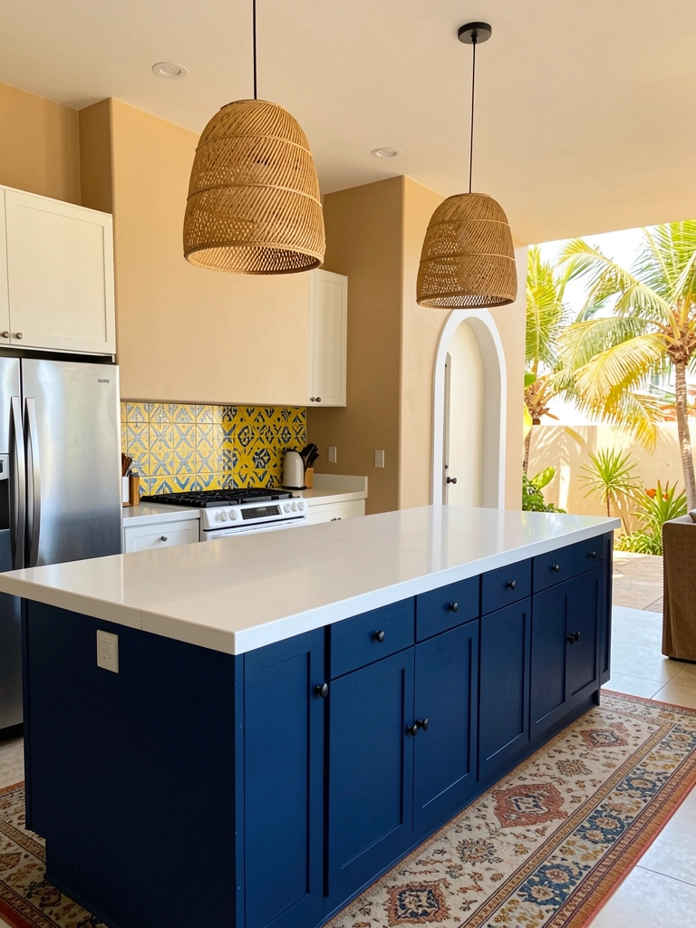 Ilha de cozinha branca com gavetas azuis-marinho, pendentes de rattan trançado e azulejo geométrico amarelo e azul no backsplash, luz natural tropical.