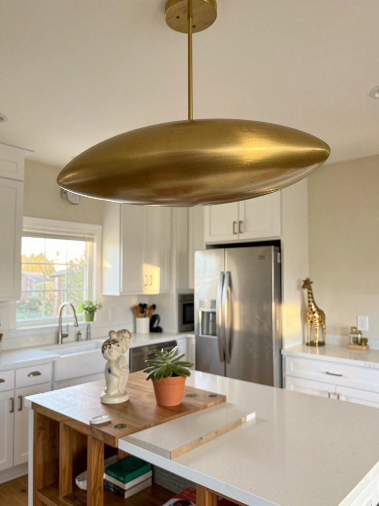 Luminária pendente oval em tom dourado sobre bancada de quartzo branco, com cozinha de armários claros e ilha de madeira com suculenta e figura de cerâmica.
