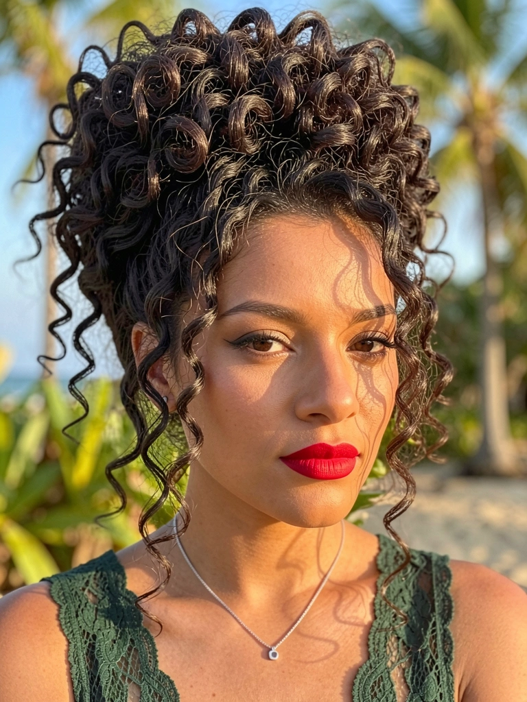 Mulher com cabelo cacheado preso em coque alto, batom vermelho, colar de prata e blusa de renda verde-escura, luz natural suave.