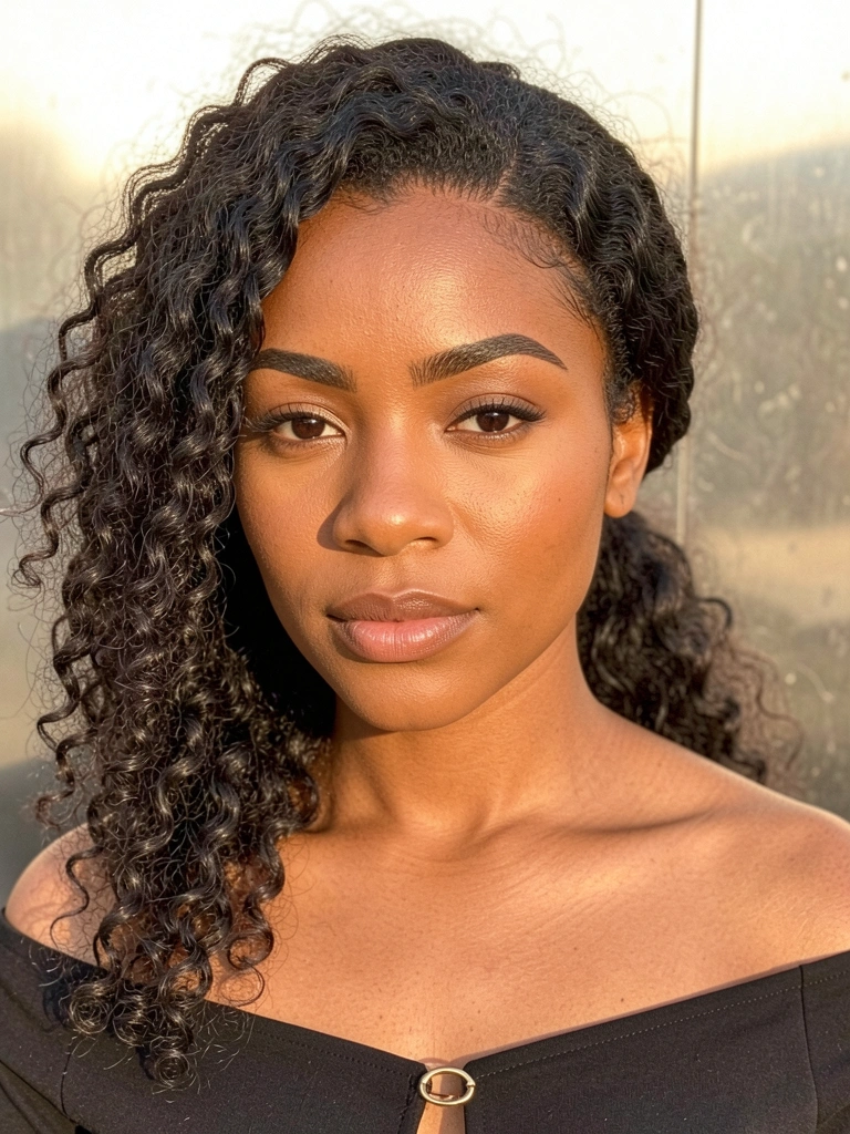 Mulher negra de cabelos crespos volumosos presos em rabo baixo, pele morena, top preto ombro a ombro com fecho dourado, luz natural suave, fundo metálico desfocado.
