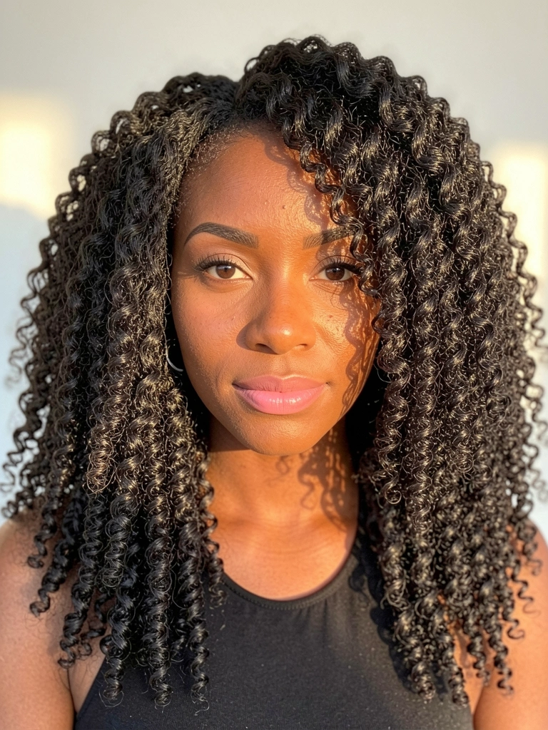 Close-up de mulher negra com cabelo afro volumoso e definido, pele com brilho natural, luz dourada suave e fundo branco desfocado.
