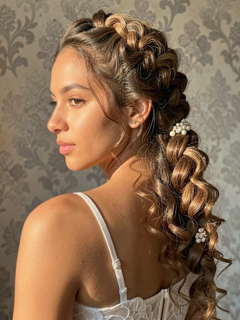Trança lateral solta com acessório de pérola e cristal em cabelos cacheados, vestido de renda branca e fundo de papel de parede floral cinza e bege, iluminação natural suave.