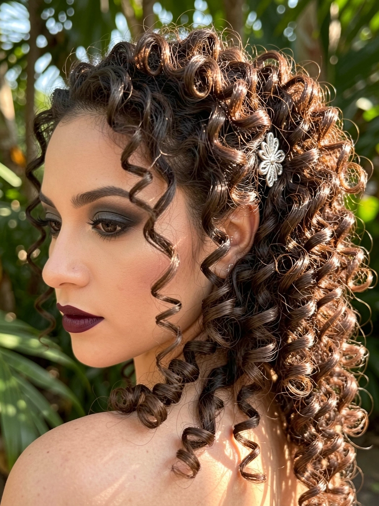 Close-up de cabelo cacheado escuro com torcidinhos, acessório floral prateado e luz natural filtrada por folhagens.