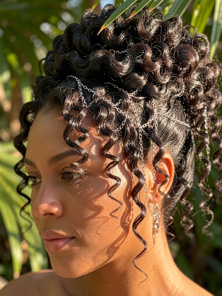 Cabelo cacheado preso em coque com fios de prata, luz solar filtrada por folhas, pele com brilho natural.