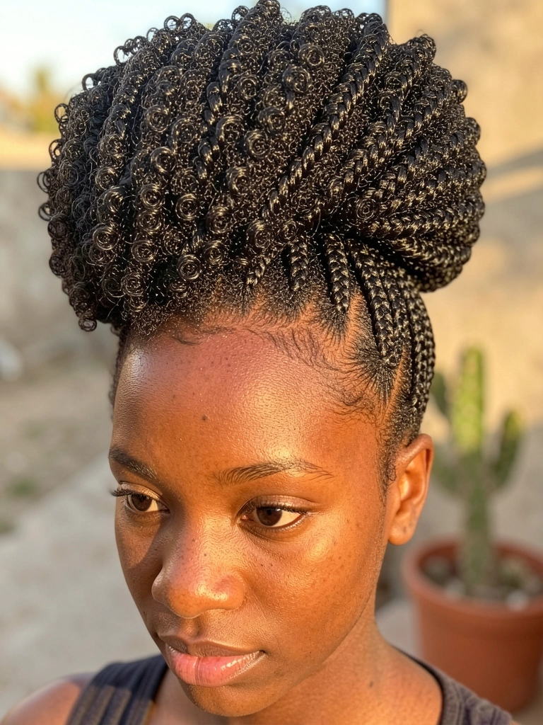 Jovem negra com cabelo afro volumoso em coque texturizado, luz natural quente, vaso de cacto desfocado ao fundo.