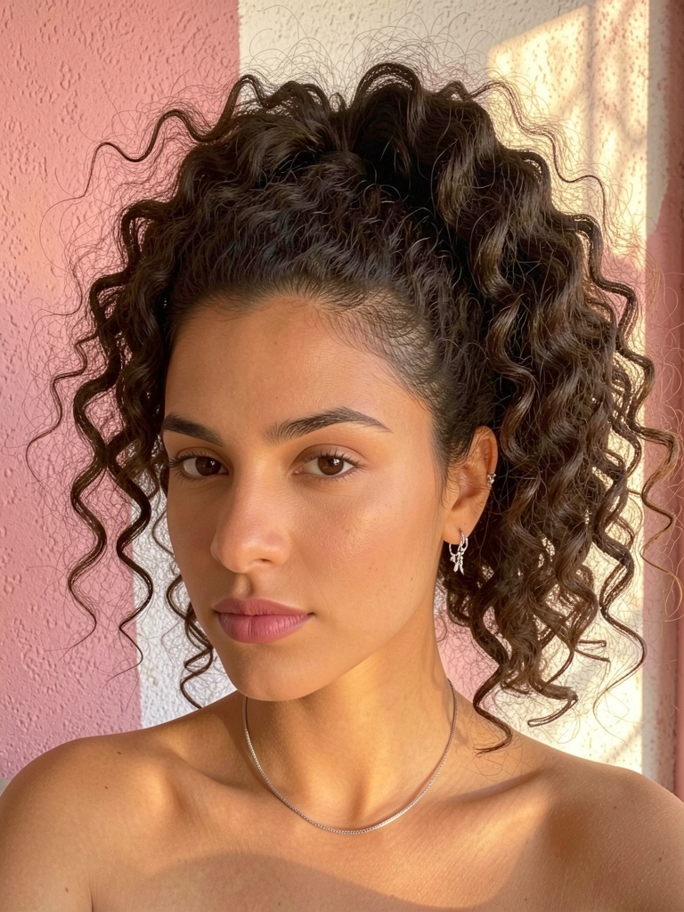 Jovem com cabelo cacheado preso em rabo de cavalo alto, brincos de prata, fundo com parede texturizada rosa e branca, luz natural do dia.