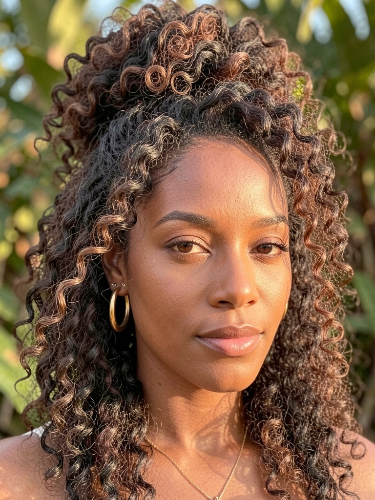Mulher negra com cabelos crespos volumosos presos em coque elegante, brincos de argola dourados, luz natural quente e folhagem desfocada ao fundo.