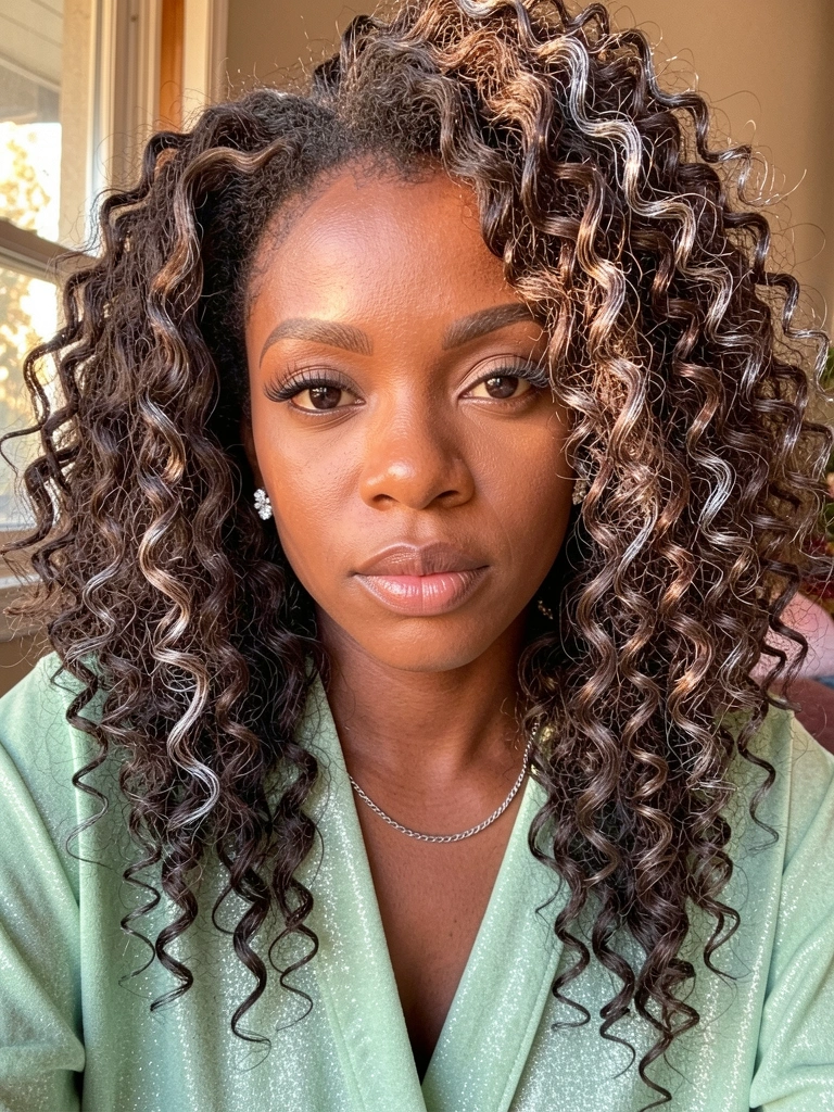 Retrato em close de mulher negra com cabelo crespo cacheado com reflexos prateados, camisa verde clara brilhante, brincos de prata e diamante, iluminação quente e difusa.