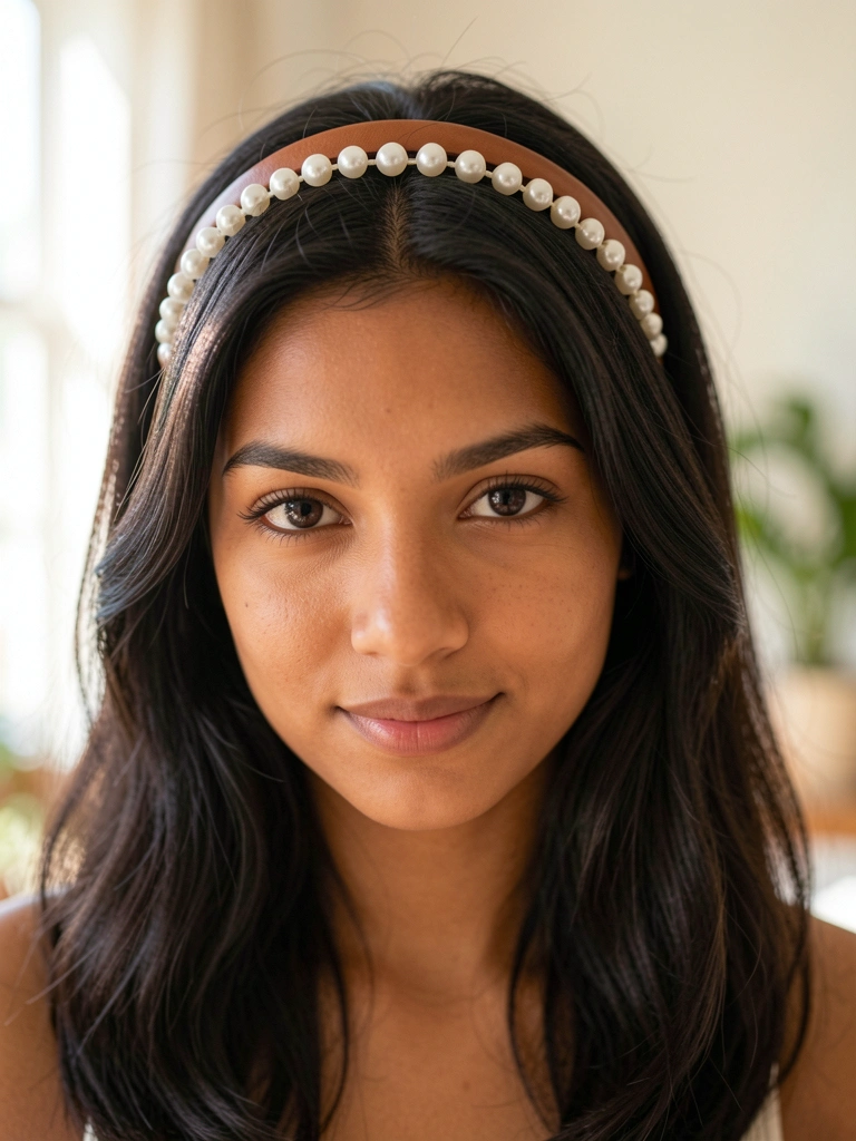 Jovem de cabelo escuro e pele morena com tiara de pérolas e faixa de couro marrom, olhar direto, fundo desfocado com luz natural.