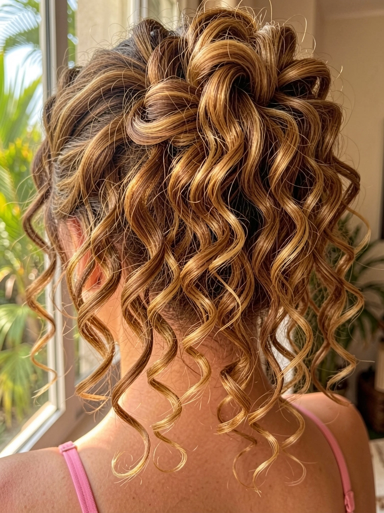 Cabelo cacheado volumoso com mechas carameladas e douradas, em espirais definidas e textura natural, luz do dia filtrada por janela.
