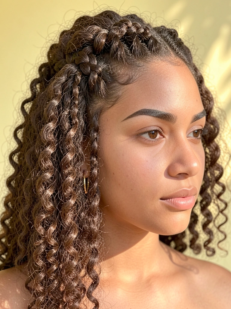 Jovem com cabelo crespo volumoso em semi-preso com trança embutida, brincos de argola dourados, luz natural, parede amarela.