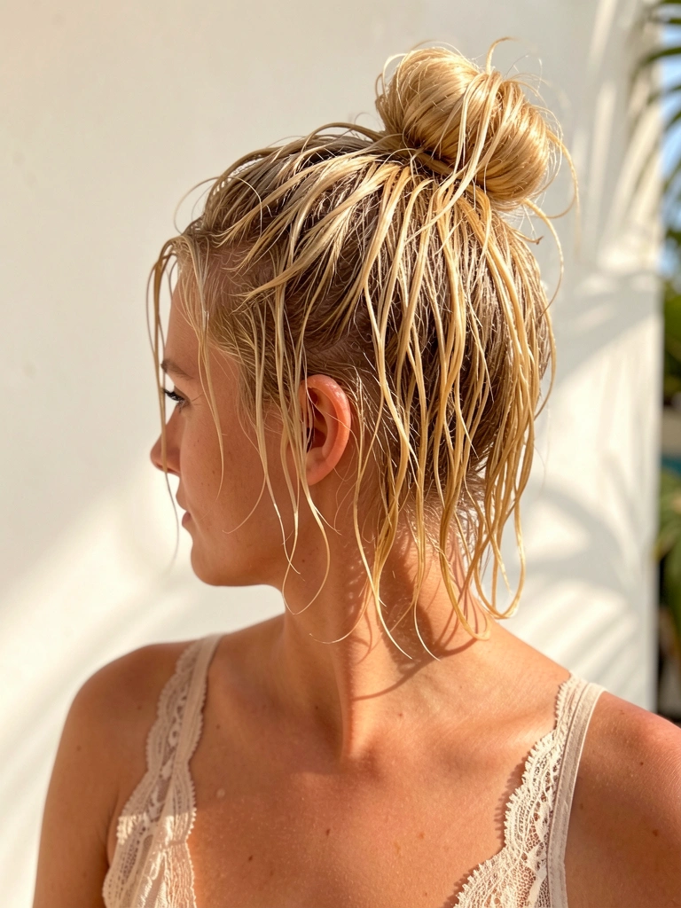 Mulher de cabelo loiro curto e molhado em coque bagunçado, camisola de renda clara, fundo branco desfocado com luz natural.