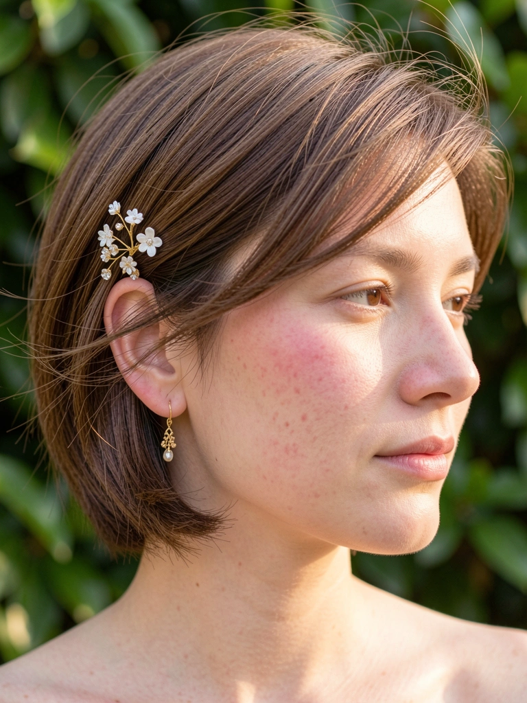 Mulher com cabelo castanho curto e acessório dourado com florzinhas brancas e cristais, brincos pendentes, luz natural suave, fundo desfocado de folhagem.
