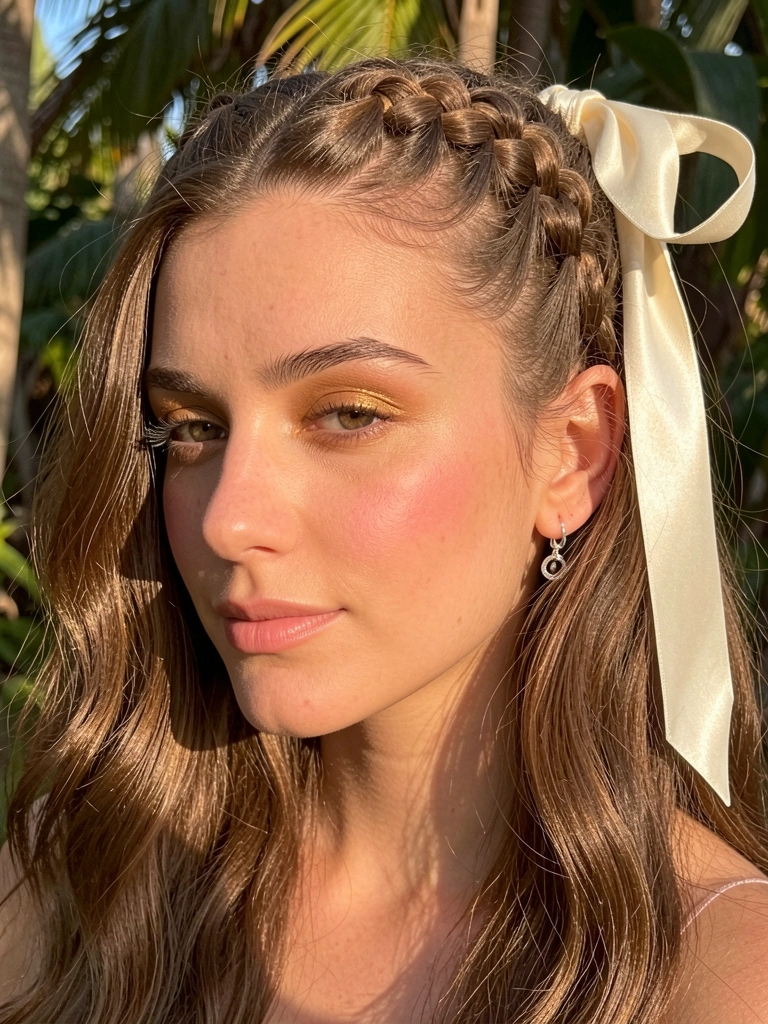 Mulher com cabelo preso em trança nagô em formato de coração, fita de seda creme e brinco de prata, luz natural destacando texturas.