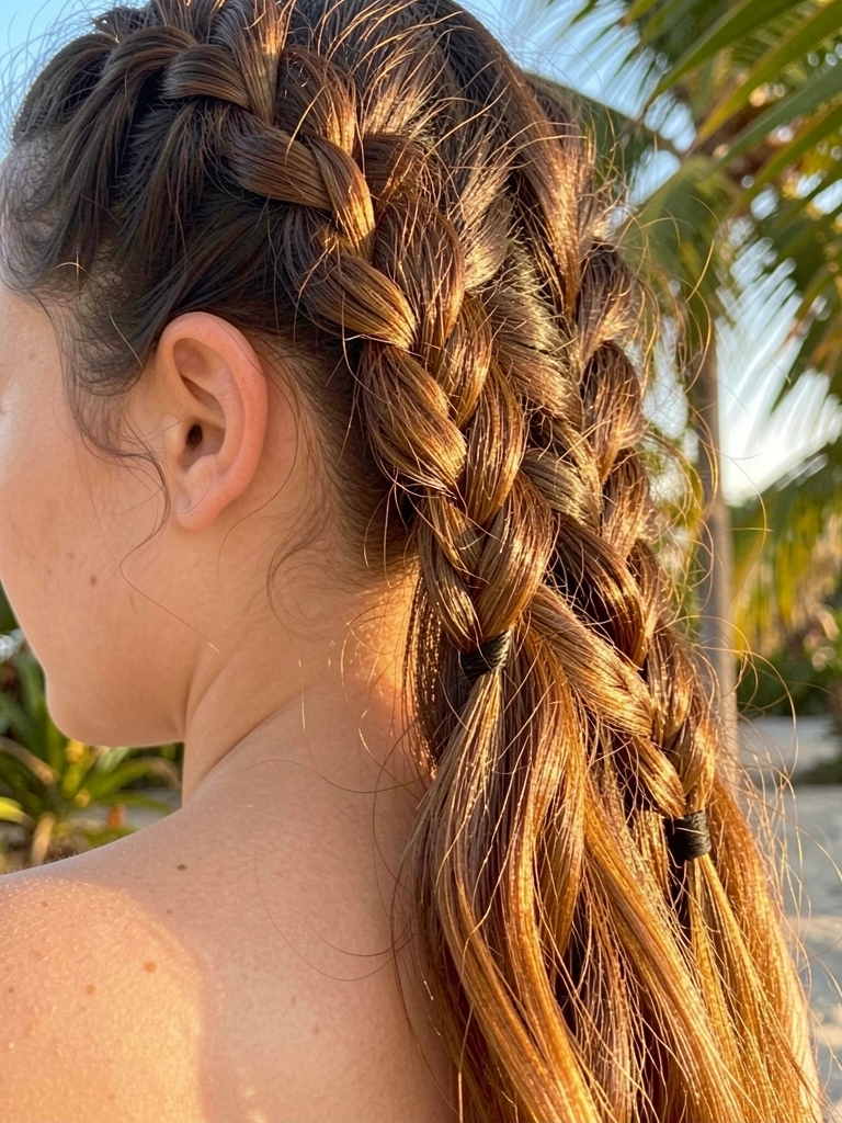 Trança francesa detalhada em cabelo castanho com reflexos, luz natural suave e fundo levemente desfocado