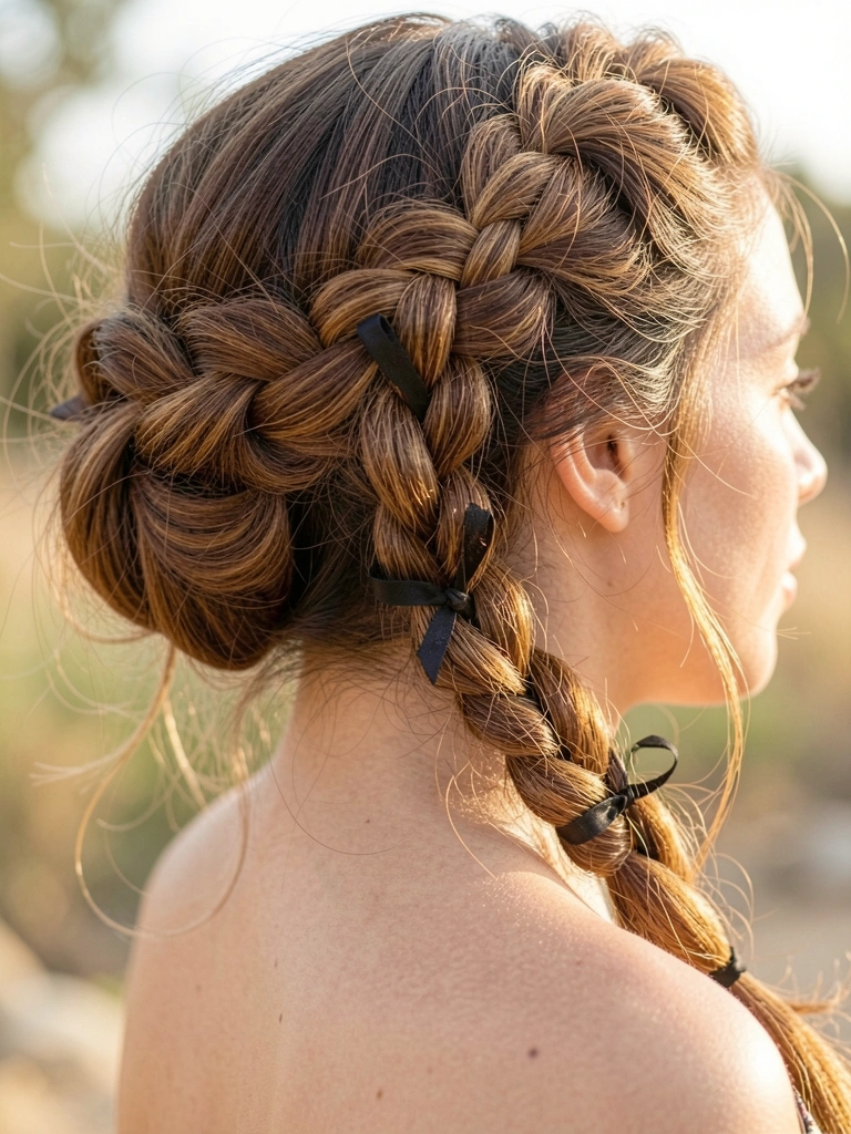 Trança francesa detalhada com fita preta entrelaçada, cabelo castanho com mechas, luz natural suave e fundo levemente desfocado.