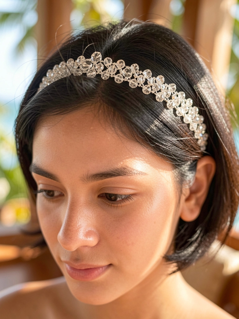 Cristais facetados em tiara delicada brilham sob luz suave, enquadrando rosto feminino com fundo desfocado.