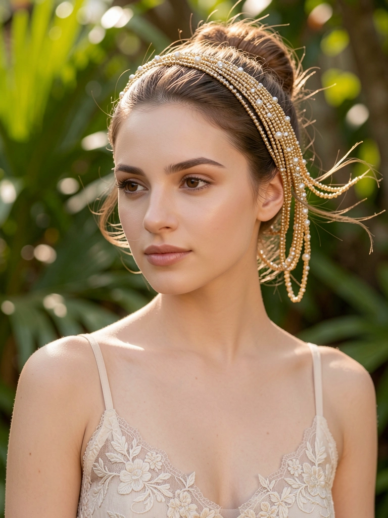 Lace camisole com bordado floral, headband dourada com cristais e pérolas em cabelo preso, luz natural suave e folhagem desfocada ao fundo.