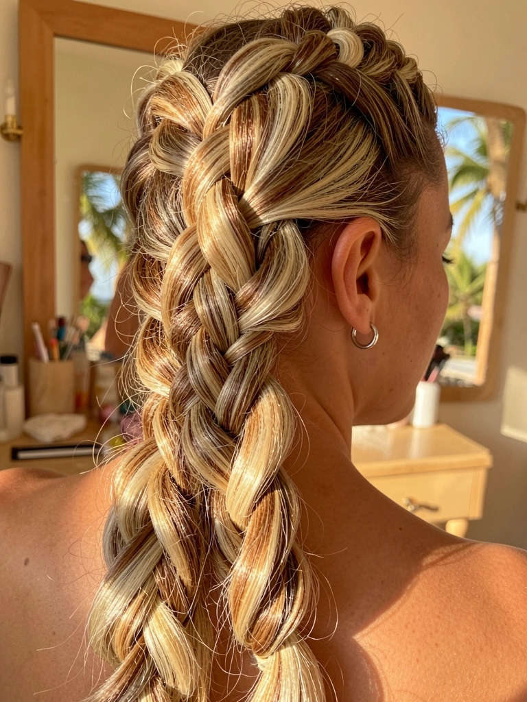 Trança espinha de peixe com mechas loiras e brilho, brinco de argola prateado, luz natural quente refletida no espelho do toucador.