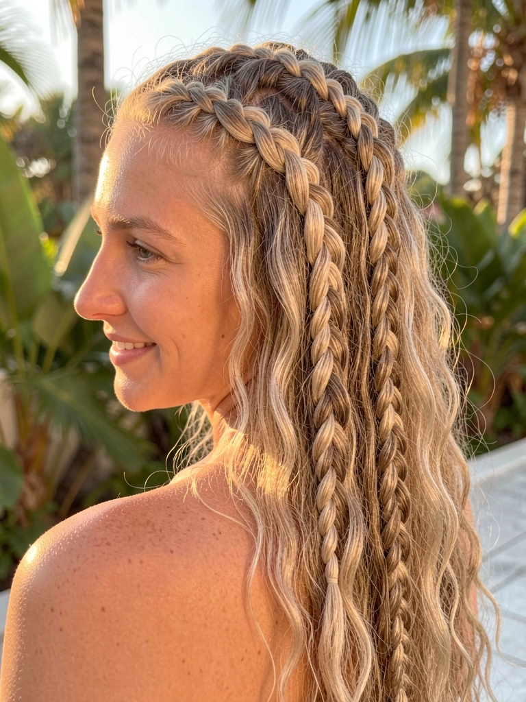Trança de duas mechas caindo sobre cabelos loiros e castanhos claros, com destaques iluminados pelo sol, em fundo tropical desfocado.
