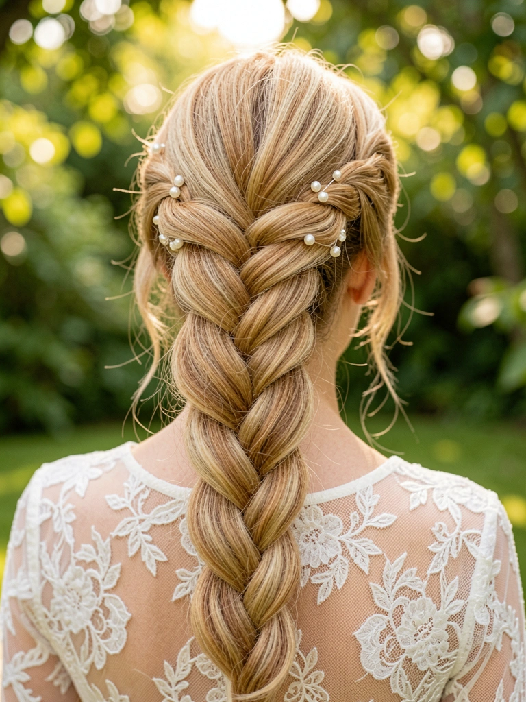 Trança honey-blond com grampos de pérola, costas de mulher em vestido de renda, fundo desfocado de jardim verde e luz natural suave.