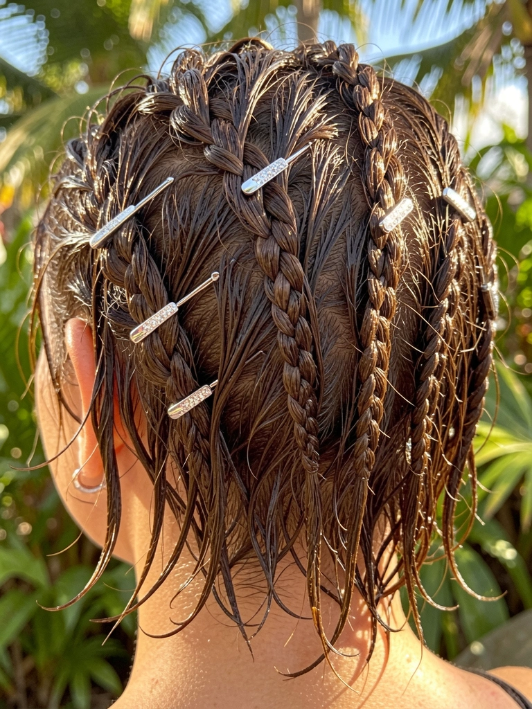 Cabelo curto texturizado com efeito molhado e tranças waterfall, presilhas prateadas brilhando sob luz natural.