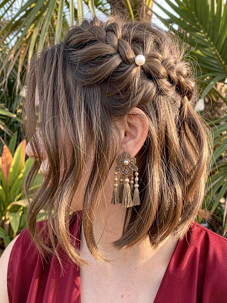 Mulher com coque trançado, clipe de pérola e brinco de candelabro de contas, vestido vermelho acetinado, luz natural e folhagem ao fundo.