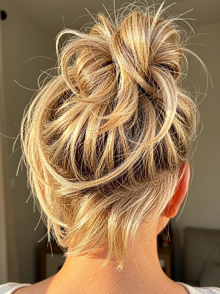 Close-up de mulher com cabelo loiro curto em coque bagunçado volumoso, texturizado com produto, luz natural quente de fundo neutro.