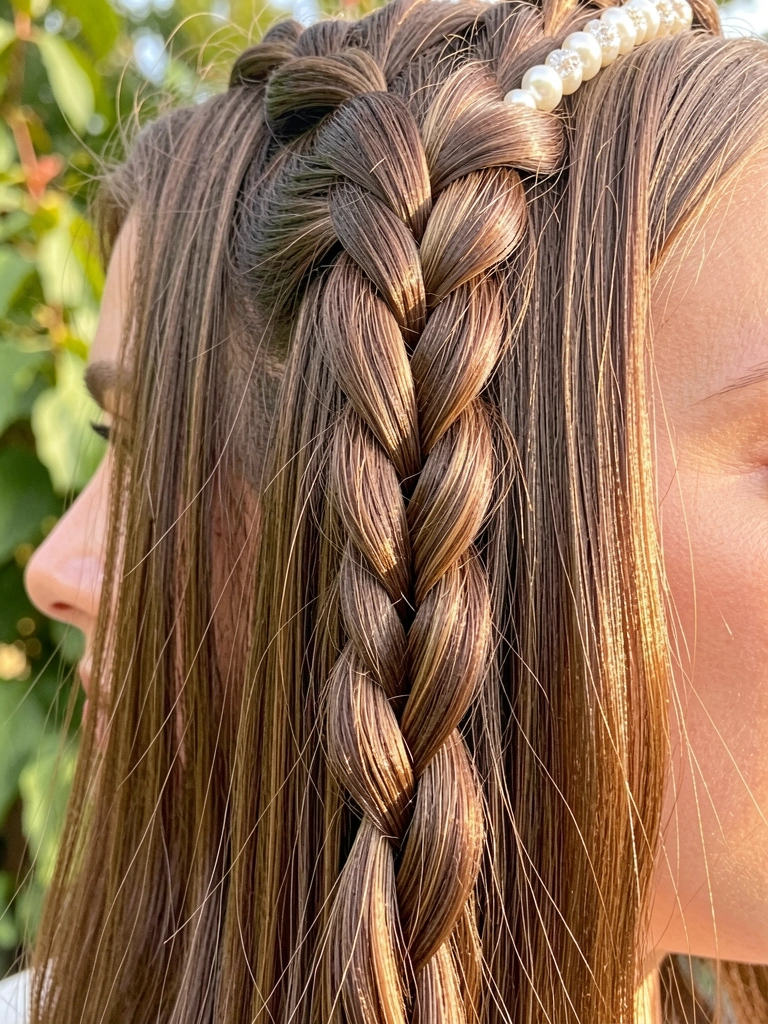 Trança espinha de peixe com pérolas em cabelo castanho claro, luz natural suave e fundo verde desfocado.