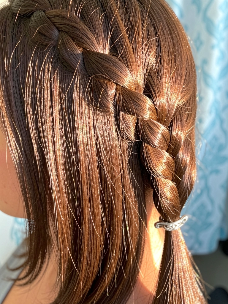 Trança peixe lateral em cabelo castanho com clipe prateado, luz natural suave e fundo azul desfocado.