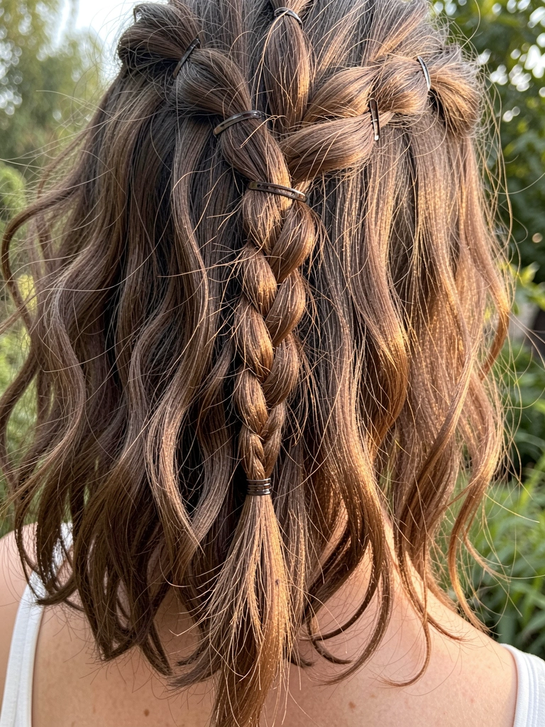 Trança grossa e texturizada em cabelo castanho ondulado, presa com grampos invisíveis, fios soltos e luz natural destacando o movimento.