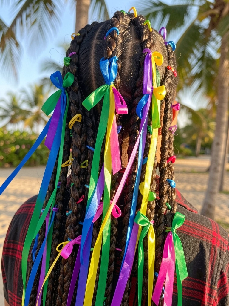 Tranças femininas adornadas com fitas coloridas em azul, verde, amarelo, rosa e roxo, camisa xadrez preta e vermelha, luz natural quente e fundo tropical.