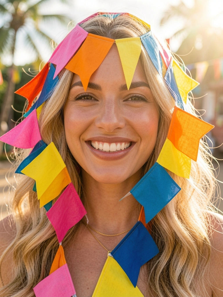 Mulher de cabelo loiro cacheado com bandeirolas coloridas de festa junina sobre o rosto, iluminado por luz natural quente.