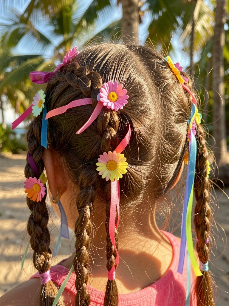 Tranças finas decoradas com fitas coloridas e presilhas de flor, luz natural quente e fundo desfocado.