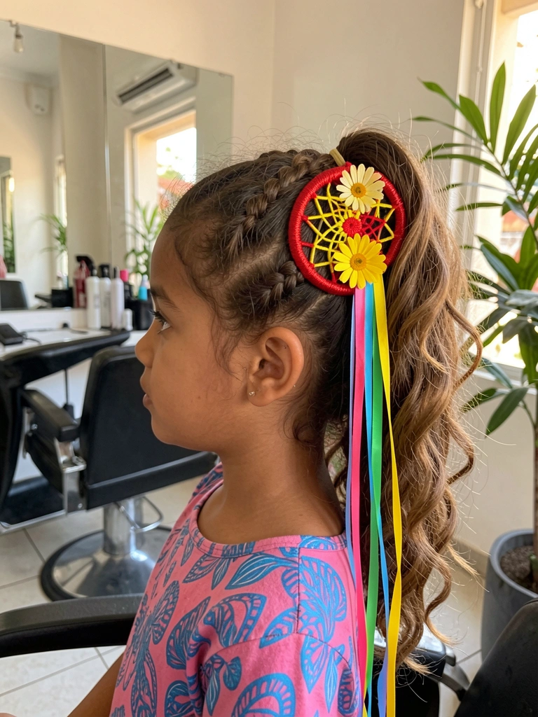 Garota com cabelo trançado e enfeite vermelho e amarelo em formato de sonhador, flor amarela e fitas coloridas, salão com espelhos e luz natural.